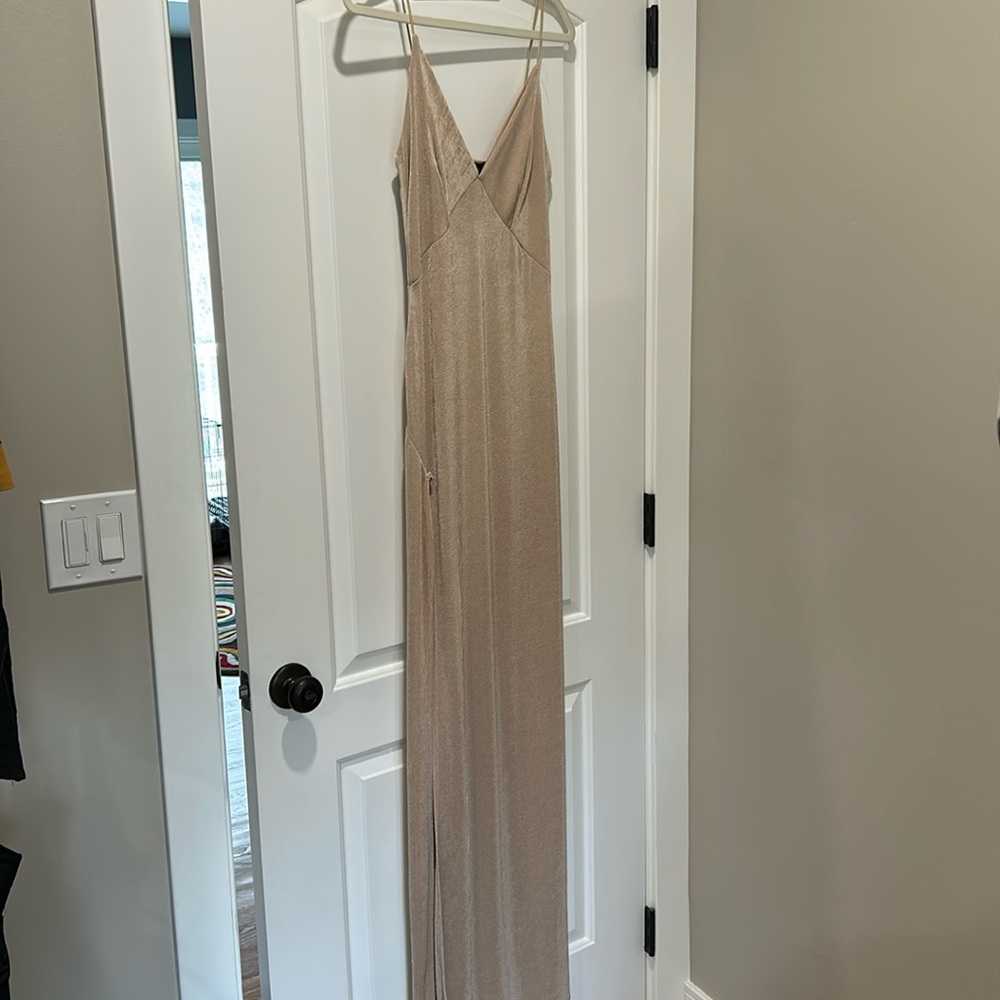 Prettylittlething champagne strappy thigh split maxi dress size 10